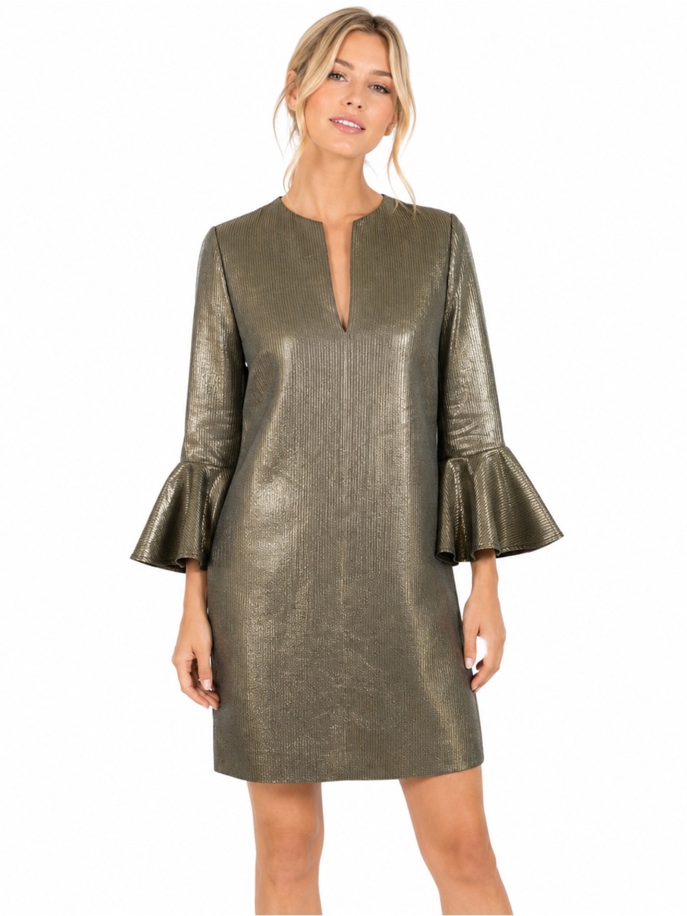 BCBG MAXAZRIA Judy Metallic Bell Sleeve Shift Dress Cocktail Holiday Size S